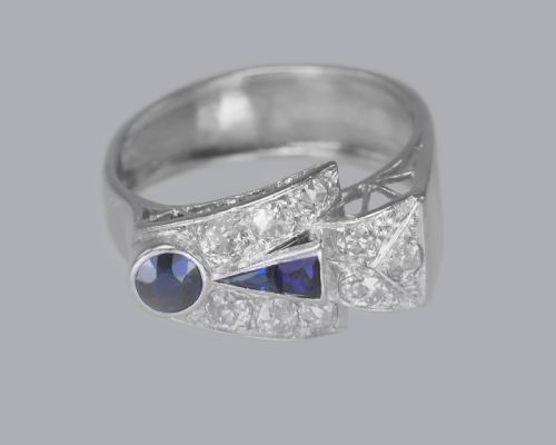 DIAMOND SAPPHIRE ART DECO PLATINUM RING 1930'S VINTAGE LARGE RETRO DRESS RING - ADDITIONAL PHOTO 6