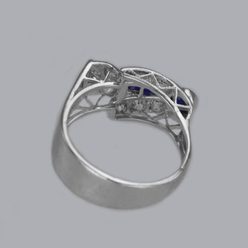 DIAMOND SAPPHIRE ART DECO PLATINUM RING 1930'S VINTAGE LARGE RETRO DRESS RING - ADDITIONAL PHOTO 8