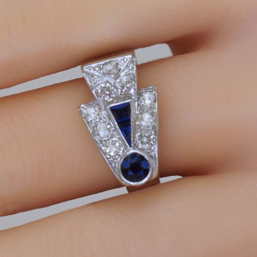 DIAMOND SAPPHIRE ART DECO PLATINUM RING 1930'S VINTAGE LARGE RETRO DRESS RING - ADDITIONAL PHOTO 10
