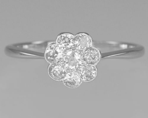 antique 18ct white gold old cut diamond cluster ring vintage edwardian daisy ring circa 1910 - CATEGORY: ANTIQUE JEWELLERY - DATED 1910