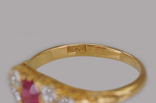 VICTORIAN 18CT GOLD RUBY OLD MINE CUT DIAMOND RING ANTIQUE ORNATE ENGLISH RING - ADDITIONAL PHOTO 11