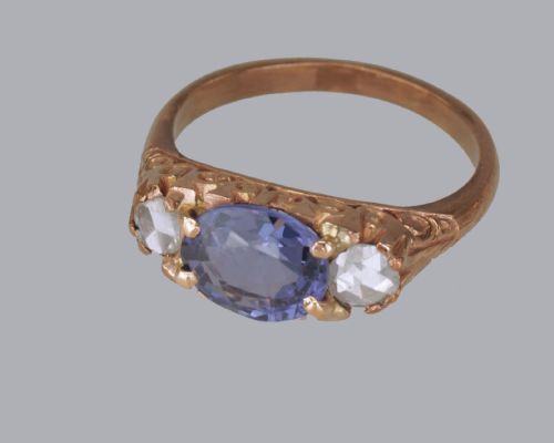 VICTORIAN 2CT SAPPHIRE ROSE CUT DIAMOND 15CT GOLD ANTIQUE TRILOGY RING CIRCA 1890 - ADDITIONAL PHOTO 3