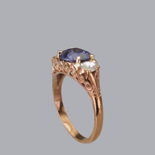 VICTORIAN 2CT SAPPHIRE ROSE CUT DIAMOND 15CT GOLD ANTIQUE TRILOGY RING CIRCA 1890 - ADDITIONAL PHOTO 4