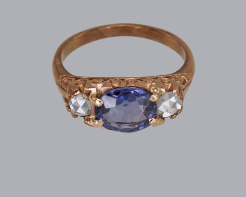 VICTORIAN 2CT SAPPHIRE ROSE CUT DIAMOND 15CT GOLD ANTIQUE TRILOGY RING CIRCA 1890 - ADDITIONAL PHOTO 6