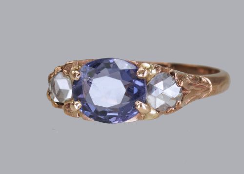 VICTORIAN 2CT SAPPHIRE ROSE CUT DIAMOND 15CT GOLD ANTIQUE TRILOGY RING CIRCA 1890 - ADDITIONAL PHOTO 8
