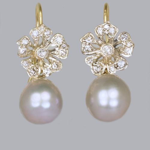 edwardian pearl swiss cut diamond drop 18ct gold antique dangle earrings circa 1910 - CATEGORY: ANTIQUE JEWELLERY - DATED EDWARDIAN