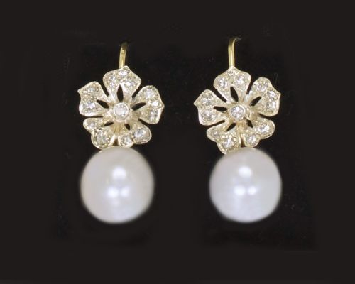 EDWARDIAN PEARL SWISS CUT DIAMOND DROP 18CT GOLD ANTIQUE DANGLE EARRINGS CIRCA 1910 - ADDITIONAL PHOTO 1