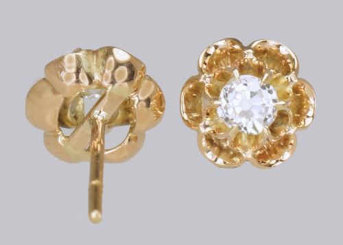 VICTORIAN 045 CT OLD MINE CUT DIAMOND 18CT GOLD FLORAL STUD ANTIQUE EARRINGS - ADDITIONAL PHOTO 1