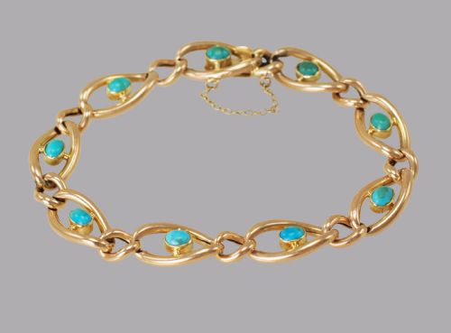 antique victorian 15ct gold turquoise curb link bracelet circa 1880 - CATEGORY: ANTIQUE JEWELLERY - DATED VICTORIAN