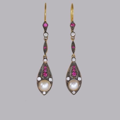 vintage pearl diamond ruby dangle 18ct gold edwardian style 2 drop earrings - CATEGORY: ANTIQUE JEWELLERY - DATED EDWARDIAN