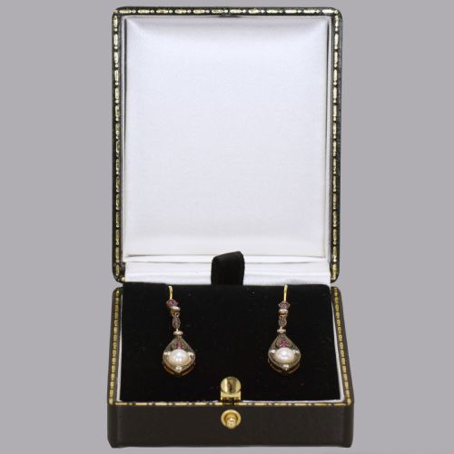 VINTAGE PEARL DIAMOND RUBY DANGLE 18CT GOLD EDWARDIAN STYLE 2 DROP EARRINGS - ADDITIONAL PHOTO 4