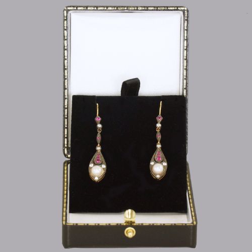 VINTAGE PEARL DIAMOND RUBY DANGLE 18CT GOLD EDWARDIAN STYLE 2 DROP EARRINGS - ADDITIONAL PHOTO 5