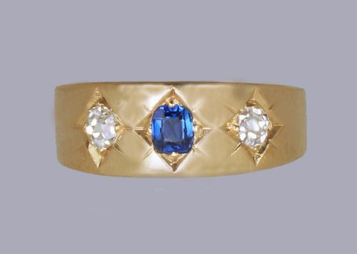 Antique 18ct Gold Sapphire & Old Mine Cut Diamond Trilogy Gypsy Ring Circa 1900