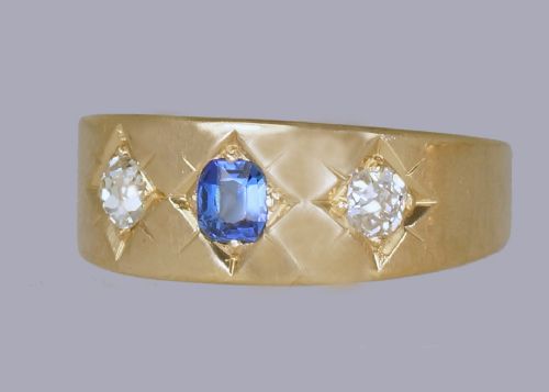 fig 1. Antique 18ct Gold Sapphire & Old Mine Cut Diamond Trilogy Gypsy Ring Circa 1900