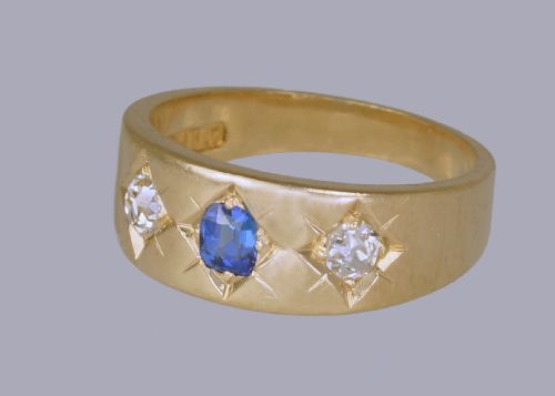 fig 3. Antique 18ct Gold Sapphire & Old Mine Cut Diamond Trilogy Gypsy Ring Circa 1900