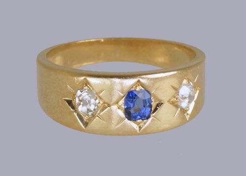 fig 4. Antique 18ct Gold Sapphire & Old Mine Cut Diamond Trilogy Gypsy Ring Circa 1900