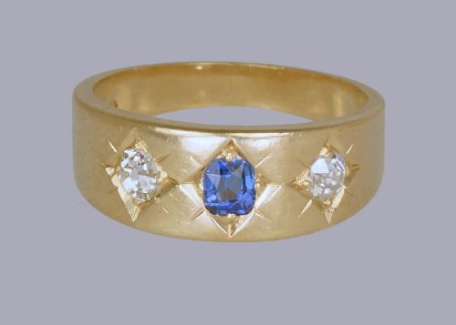 fig 5. Antique 18ct Gold Sapphire & Old Mine Cut Diamond Trilogy Gypsy Ring Circa 1900