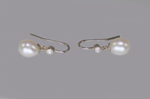 VINTAGE PEARL SWISS CUT DIAMOND DROP 18CT GOLD ART DECO DANGLE EARRINGS CA1930 - ADDITIONAL PHOTO 1