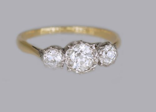 fig 3. Antique 1.00ct Old European Cut Diamond 18ct Gold Vintage Edwardian Trilogy Ring