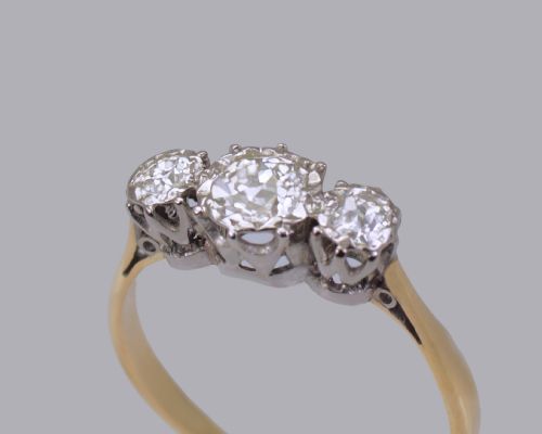 fig 4. Antique 1.00ct Old European Cut Diamond 18ct Gold Vintage Edwardian Trilogy Ring