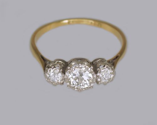 fig 5. Antique 1.00ct Old European Cut Diamond 18ct Gold Vintage Edwardian Trilogy Ring