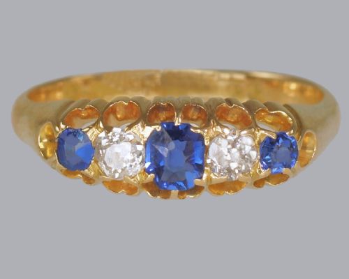 victoria 18ct gold sapphire old mine cut diamond antique ring birmingham 1892 - CATEGORY: ANTIQUE JEWELLERY - DATED VICTORIAN