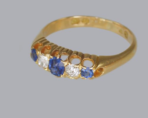 VICTORIA 18CT GOLD SAPPHIRE OLD MINE CUT DIAMOND ANTIQUE RING BIRMINGHAM 1892 - ADDITIONAL PHOTO 2