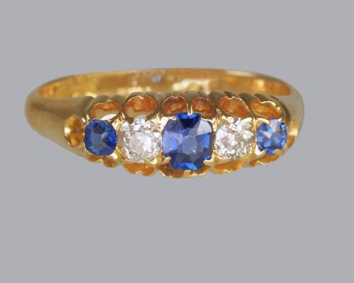 VICTORIA 18CT GOLD SAPPHIRE OLD MINE CUT DIAMOND ANTIQUE RING BIRMINGHAM 1892 - ADDITIONAL PHOTO 3