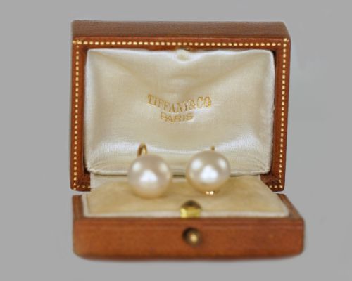 fig 1. Vintage 18ct Gold Pearl Earrings With Tiffany & Co.Antique Leather Box circa 1950