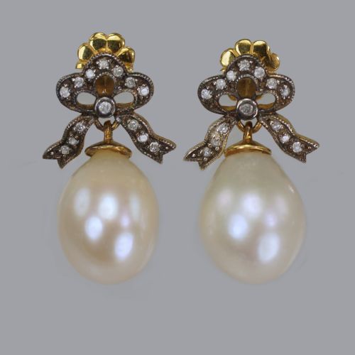 antique pearl old cut diamond dangle drop gold silver victorian bow earrings - CATEGORY: ANTIQUE JEWELLERY - DATED VICTORIAN