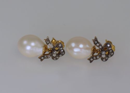 ANTIQUE PEARL OLD CUT DIAMOND DANGLE DROP GOLD SILVER VICTORIAN BOW EARRINGS - ADDITIONAL PHOTO 1