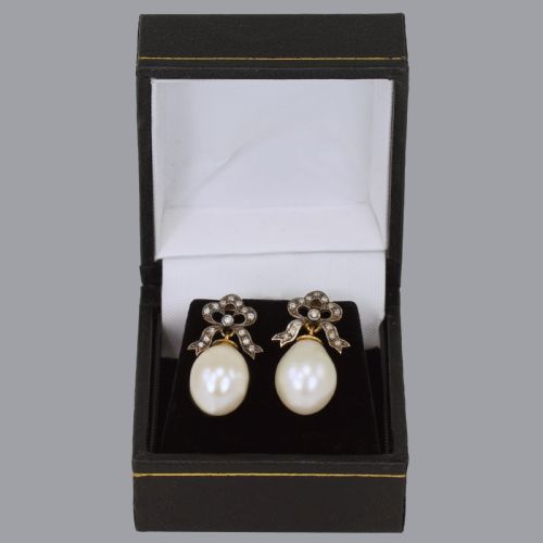 ANTIQUE PEARL OLD CUT DIAMOND DANGLE DROP GOLD SILVER VICTORIAN BOW EARRINGS - ADDITIONAL PHOTO 4