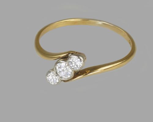 ANTIQUE 18CT GOLD OLD CUT DIAMOND TRILOGY RING VINTAGE ART DECO 1920S TWIST RING - ADDITIONAL PHOTO 4