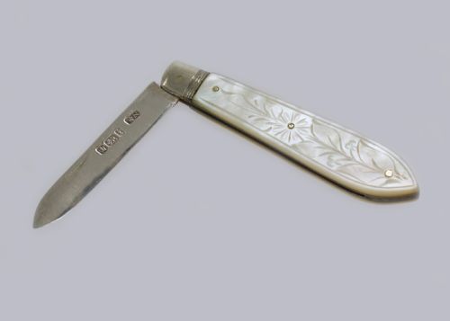 antique fruit knife silver blade ornate mother of pearl handle william needham victorian folding pen knife - CATEGORY: ANTIQUE SILVER - DATED 1900