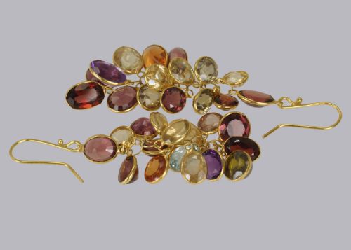 VINTAGE MULTI GEM CHANDELIER EARRINGS 18CT GOLD 1960'S TUTTI FRUITY 2 DANGLE - ADDITIONAL PHOTO 2