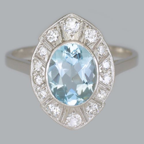 art deco aquamarine diamond platinum ring authentic 1920's antique dress ring - CATEGORY: ANTIQUE JEWELLERY - DATED 1920