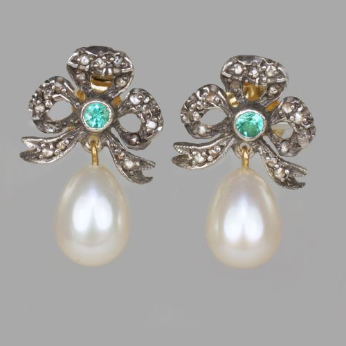 vintage pearl rose cut diamond emerald dangle earrings 18ct gold bow 1 drop victorian style earrings - CATEGORY: ANTIQUE JEWELLERY - DATED 1960