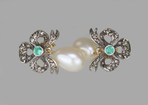 VINTAGE PEARL ROSE CUT DIAMOND EMERALD DANGLE EARRINGS 18CT GOLD BOW 1 DROP VICTORIAN STYLE EARRINGS - ADDITIONAL PHOTO 1