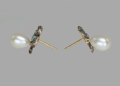 VINTAGE PEARL ROSE CUT DIAMOND EMERALD DANGLE EARRINGS 18CT GOLD BOW 1 DROP VICTORIAN STYLE EARRINGS - ADDITIONAL PHOTO 5