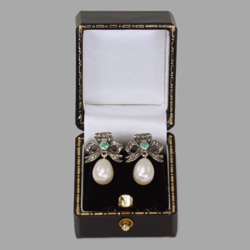 VINTAGE PEARL ROSE CUT DIAMOND EMERALD DANGLE EARRINGS 18CT GOLD BOW 1 DROP VICTORIAN STYLE EARRINGS - ADDITIONAL PHOTO 7
