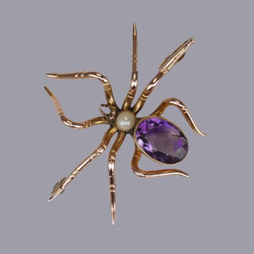 ANTIQUE 15 SPIDER BROOCH PENDANT 15CT GOLD VICTORIAN AMETHYST PEARL INSECT - ADDITIONAL PHOTO 1