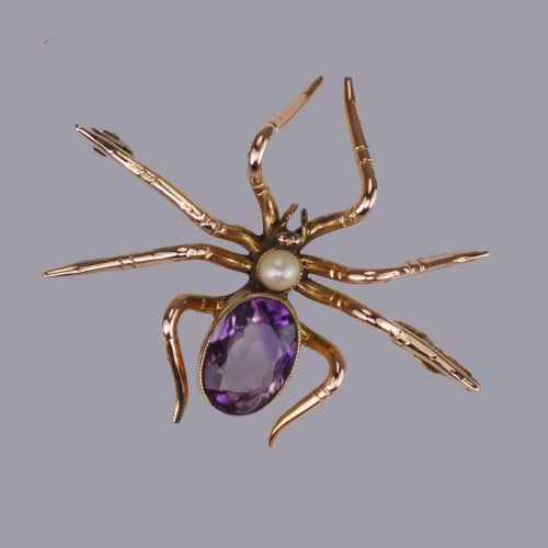ANTIQUE 15 SPIDER BROOCH PENDANT 15CT GOLD VICTORIAN AMETHYST PEARL INSECT - ADDITIONAL PHOTO 2