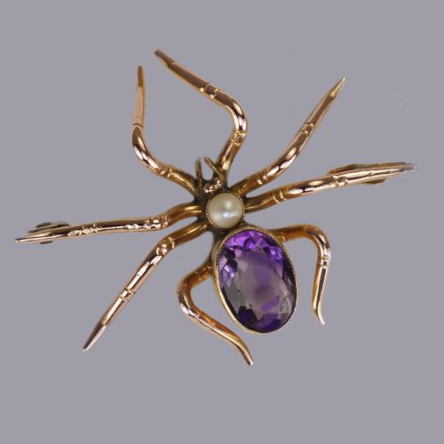 ANTIQUE 15 SPIDER BROOCH PENDANT 15CT GOLD VICTORIAN AMETHYST PEARL INSECT - ADDITIONAL PHOTO 3
