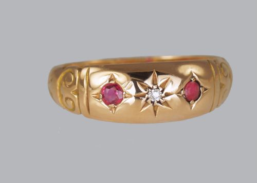 ANTIQUE 15CT GOLD RUBY DIAMOND GYPSY RING VICTORIAN TRILOGY RING CIRCA 1890 - ADDITIONAL PHOTO 1