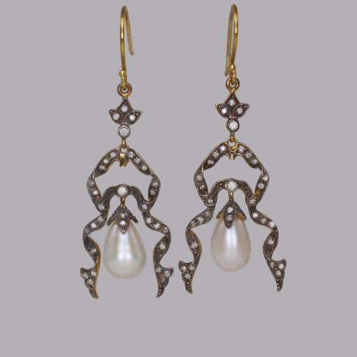 vintage pearl diamond dangle 18ct gold silver victorian style drop earrings - CATEGORY: ANTIQUE JEWELLERY - DATED 1960