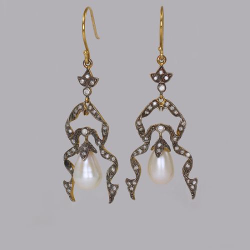 VINTAGE PEARL DIAMOND DANGLE 18CT GOLD SILVER VICTORIAN STYLE DROP EARRINGS - ADDITIONAL PHOTO 1