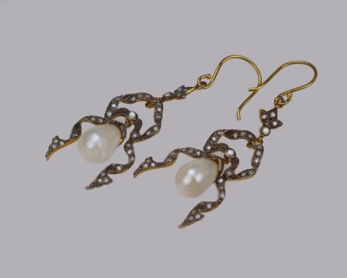 VINTAGE PEARL DIAMOND DANGLE 18CT GOLD SILVER VICTORIAN STYLE DROP EARRINGS - ADDITIONAL PHOTO 2