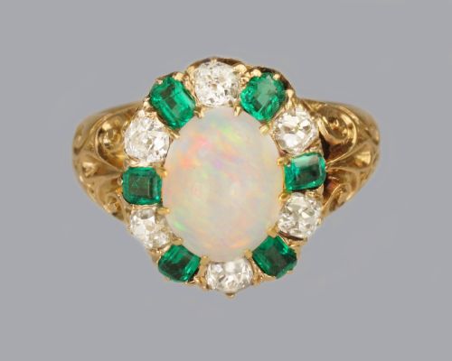 victorian opal emerald old cut diamond 18ct gold cluster ring hallmarked 1881 - CATEGORY: ANTIQUE JEWELLERY - DATED VICTORIAN