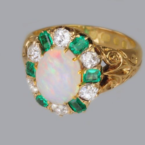 VICTORIAN OPAL EMERALD OLD CUT DIAMOND 18CT GOLD CLUSTER RING HALLMARKED 1881 - ADDITIONAL PHOTO 3
