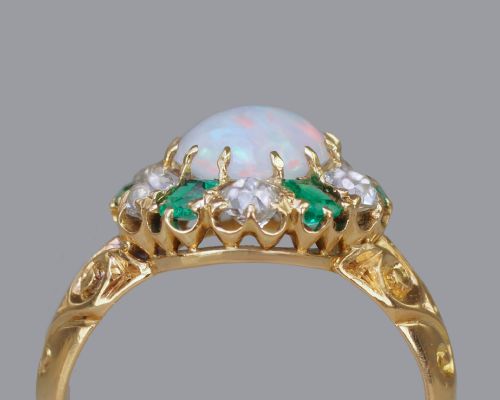VICTORIAN OPAL EMERALD OLD CUT DIAMOND 18CT GOLD CLUSTER RING HALLMARKED 1881 - ADDITIONAL PHOTO 4